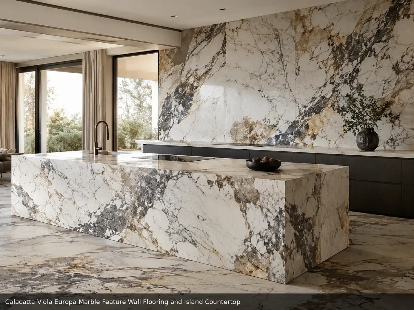expressive high contrast texture across feature wall, floor and island countertop, with realistic veining and soft daylight.