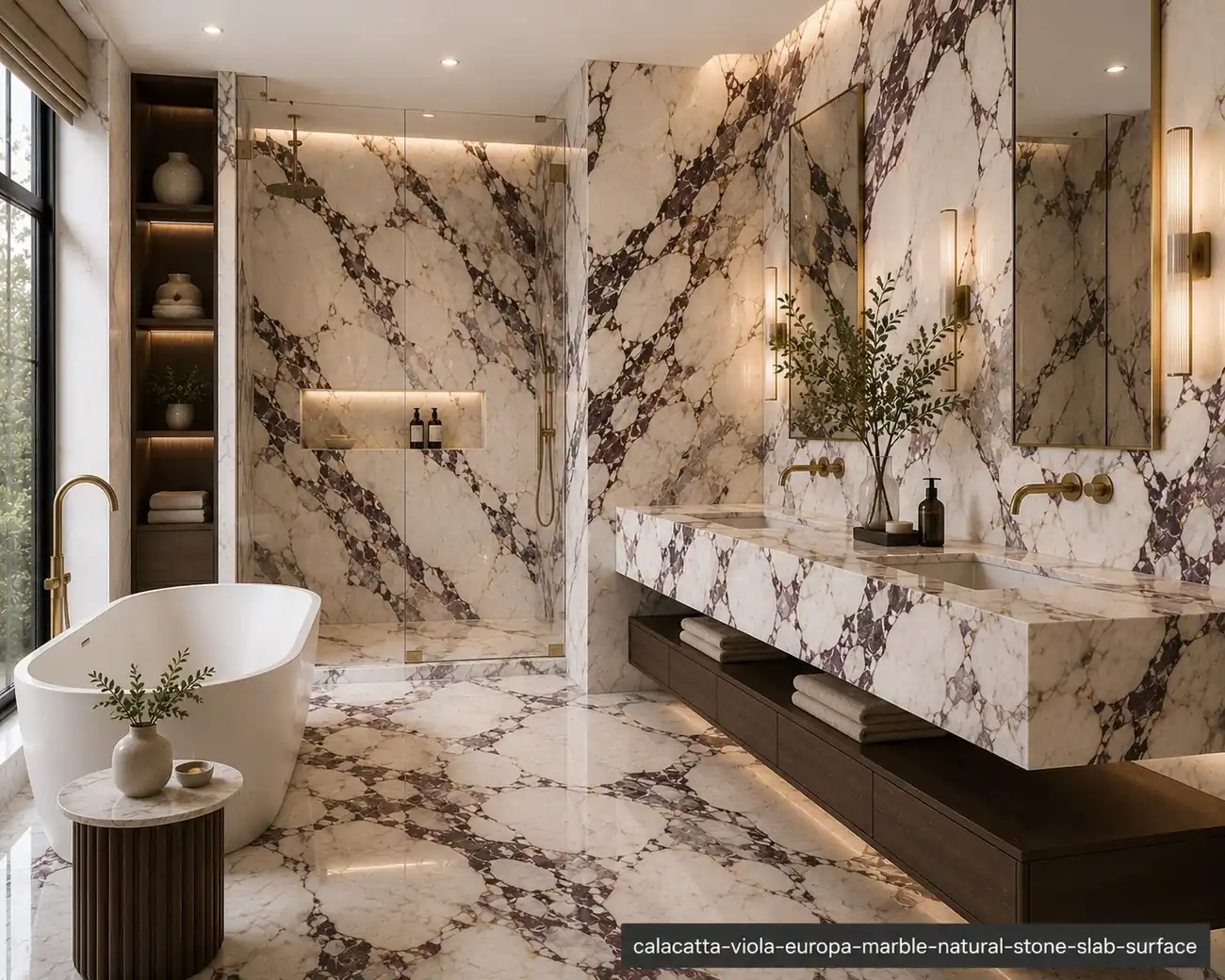 Dramatic European feature slab on a fireplace wall and console with ivory, plum, smoky-grey and charcoal mineral framing.