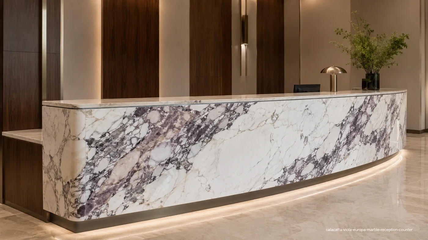 Calacatta Viola Europa Marble reception counter with ivory stone and balanced violet, plum and smoky-grey veining.