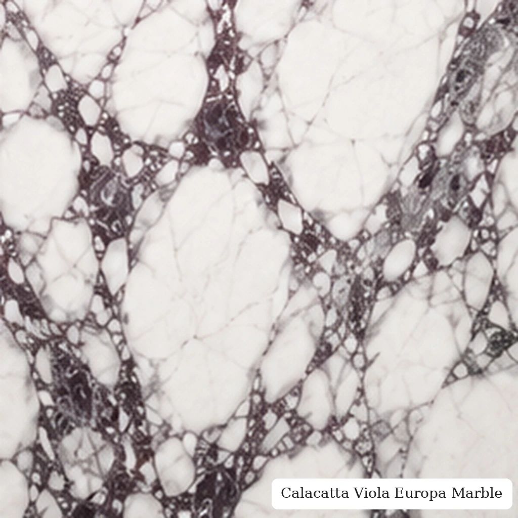Calacatta Viola Europa Marble with luminous white violet stone, plum-grey ribbons, pale islands and rich polished depth.