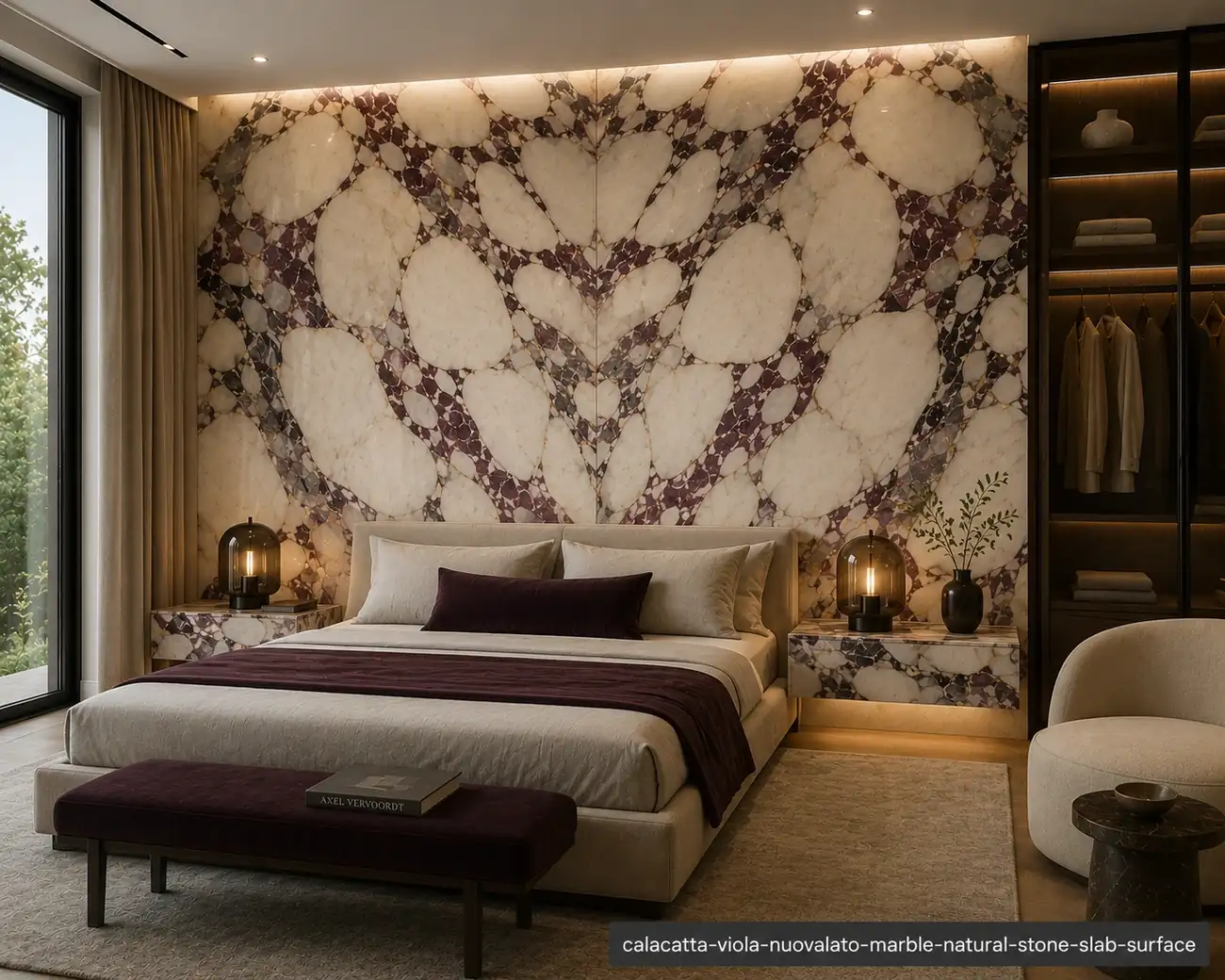 Atmospheric purple veined slab on a headboard wall and bedside surfaces with cream islands and aubergine mineral rivers.