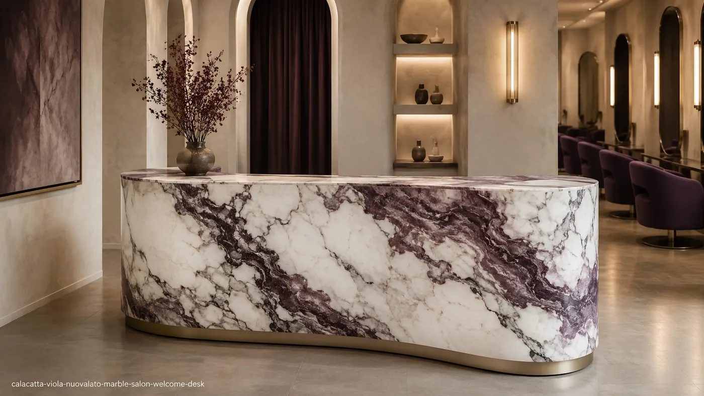 Calacatta Viola Nuovalato Marble salon welcome desk with cream stone and clouded burgundy and aubergine movement.