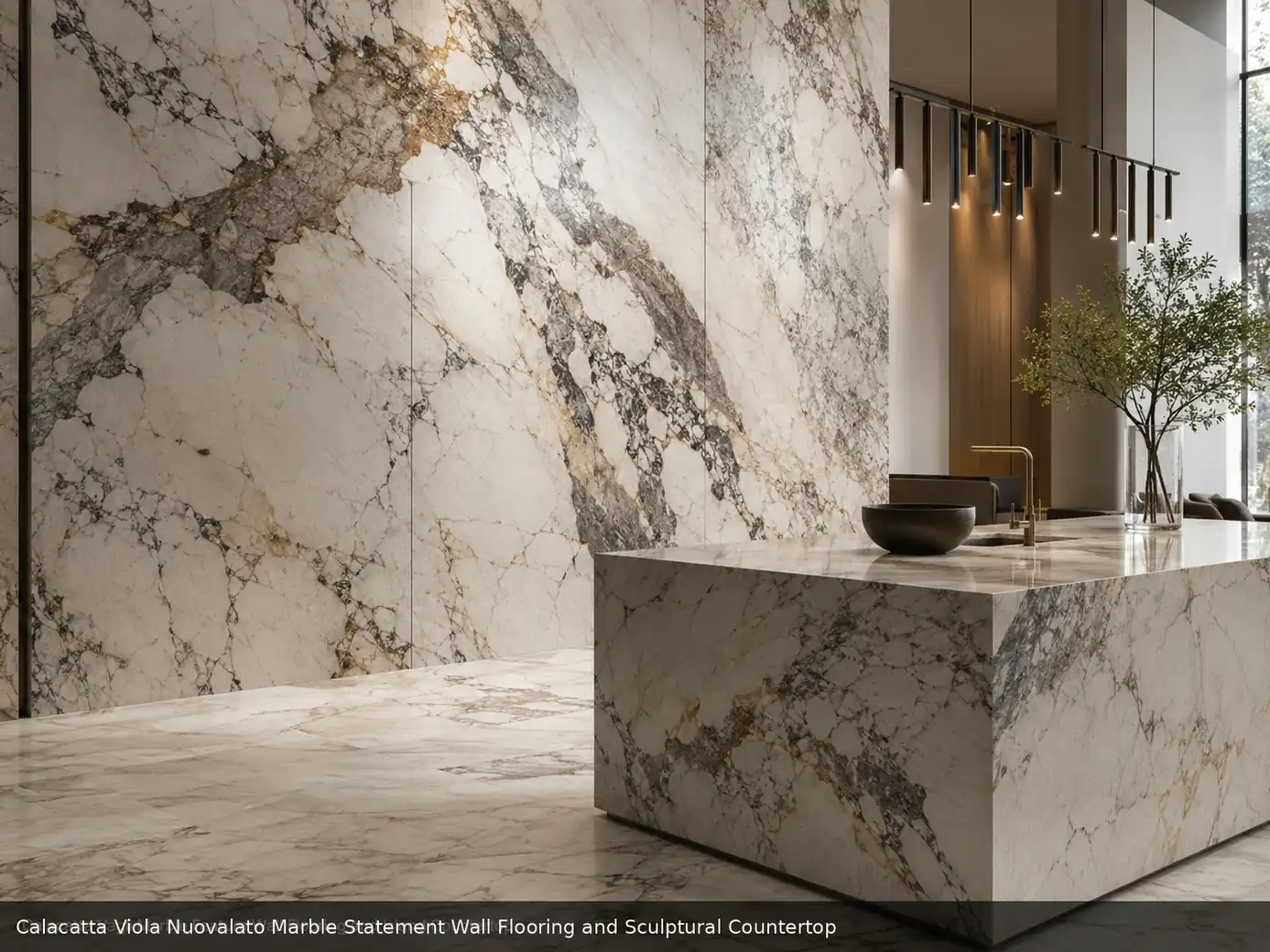elegant smoky violet texture across statement wall, floor and stone countertop, with natural veining in a refined interior.