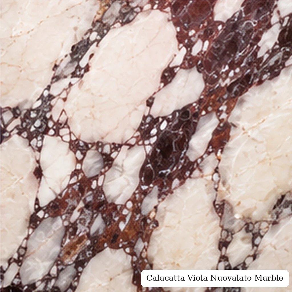 Calacatta Viola Nuovalato Marble with cloudy white violet stone, burgundy rivers, creamy islands and rich polished depth.