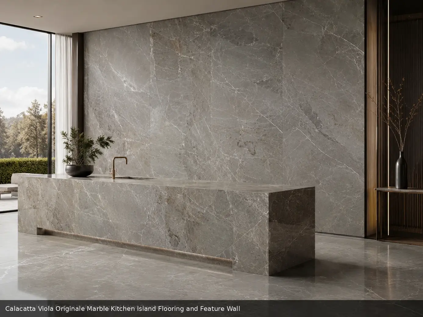 dramatic sculptural cladding across kitchen island, floor and feature wall, with natural movement in a refined interior.