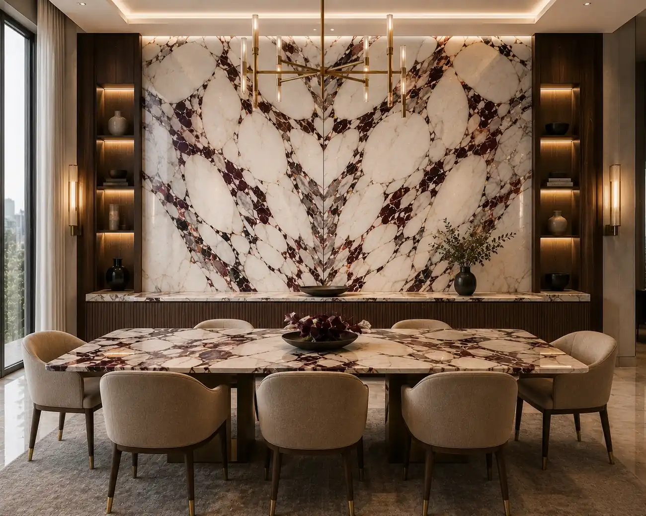 Classic purple mineral movement on a dining room wall and sculptural table with white islands and burgundy web-like veins.
