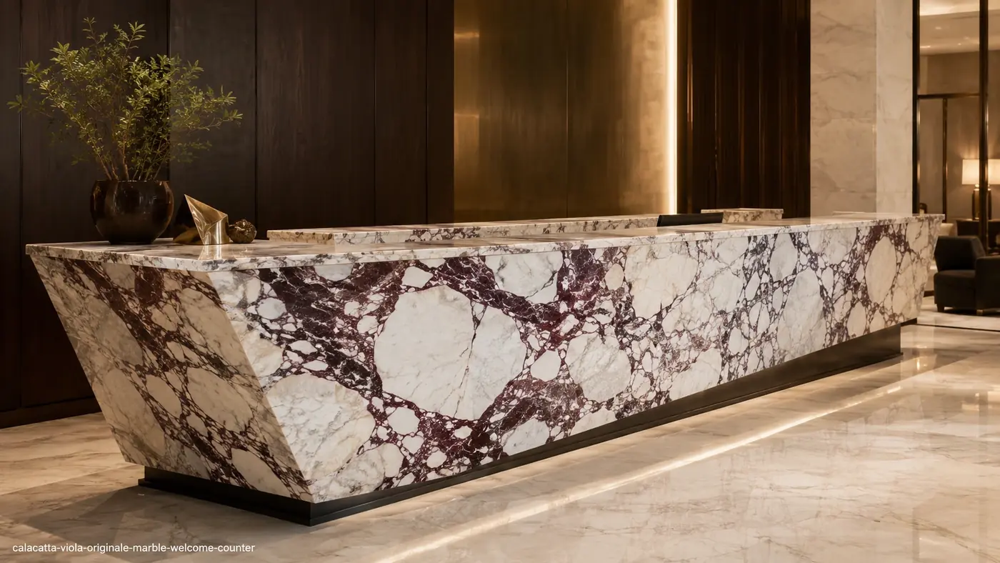 Calacatta Viola Originale Marble welcome counter with white stone and dense burgundy and violet-black veining.