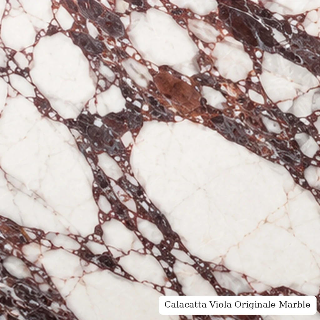 Calacatta Viola Originale Marble with authentic white violet stone, burgundy webbing, pale islands and rich polished depth.