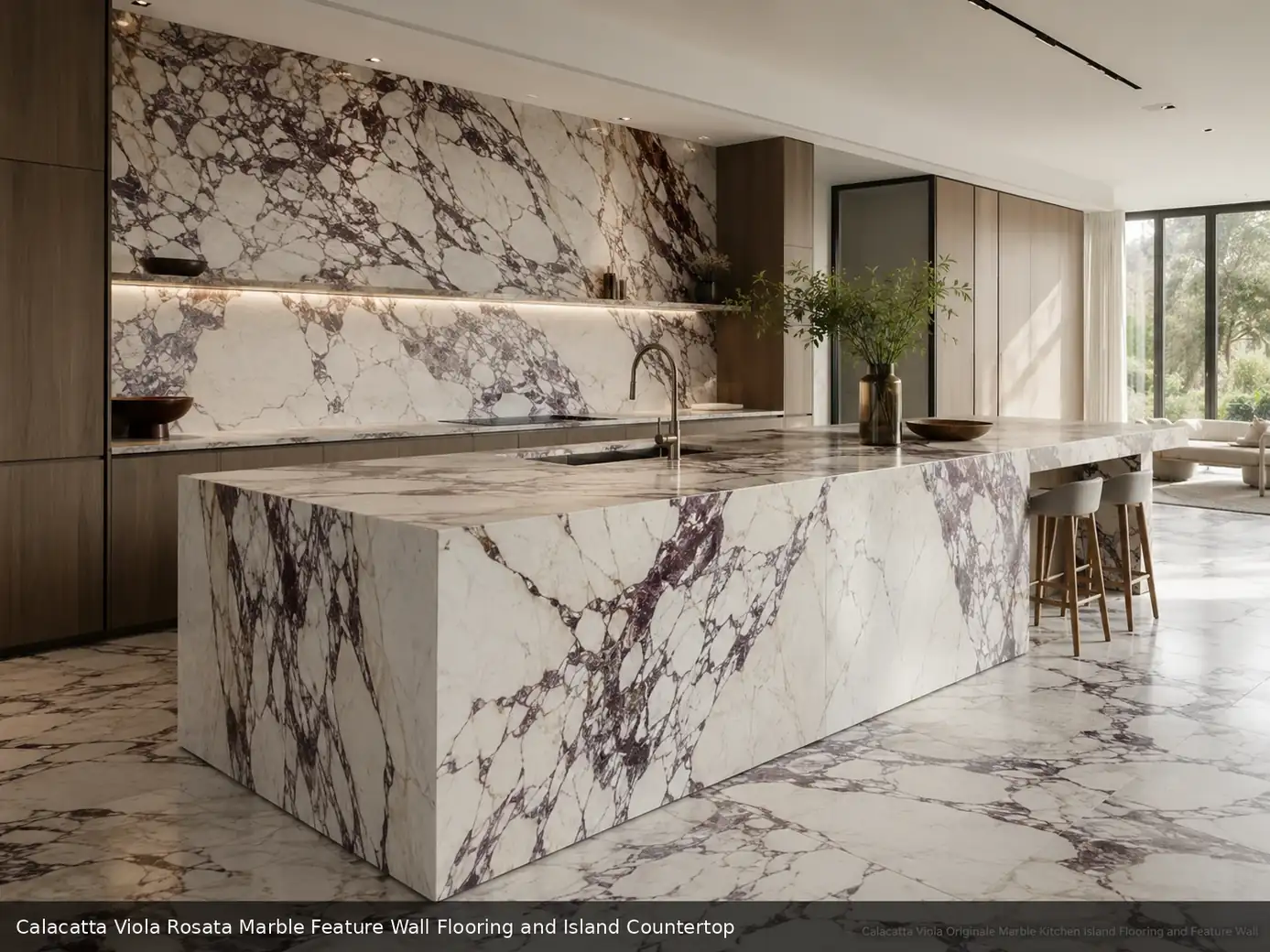 expressive bookmatched cladding across feature wall, floor and island countertop, with natural veining in a refined interior.