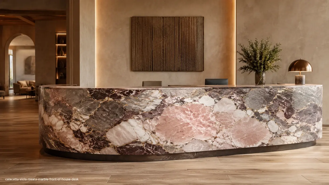 Calacatta Viola Rosata Marble front-of-house desk with blush stone, charcoal ribbons and fine golden traces.