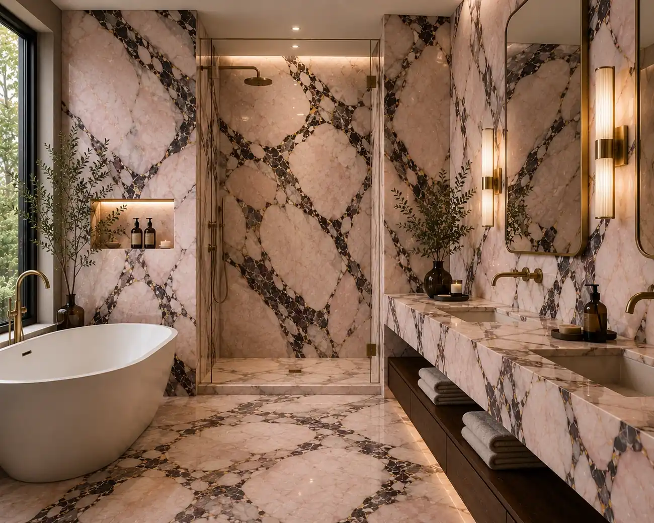 Romantic mineral movement on a bathroom vanity wall, curved vanity and tub surround with blush, burgundy and golden details.