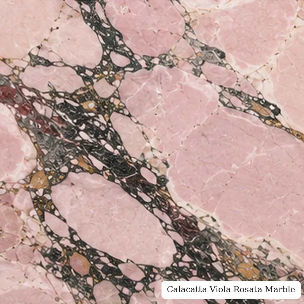 Calacatta Viola Rosata Marble with blush white violet stone, charcoal ribbons, rose fields and subtle gold mineral traces.