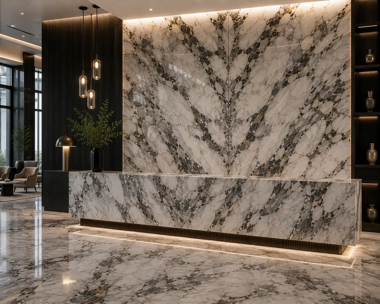 Elegant soft toned slab in a coastal bathroom shower, vanity, tub surround and floor with silver-grey brecciated fragments.