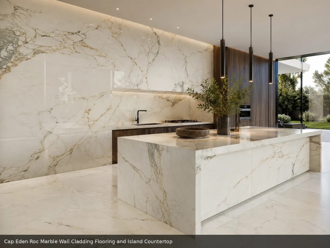 calm Mediterranean texture across wall cladding, floor and island countertop, with natural veining in a refined interior.