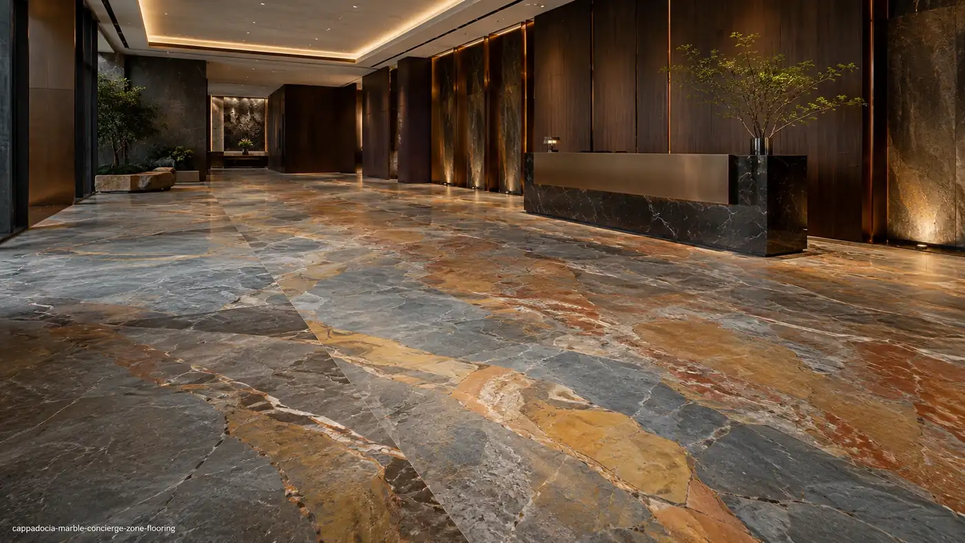 Cappadocia Marble concierge-zone flooring with blue-grey, gold, copper, rust and charcoal geological strata.