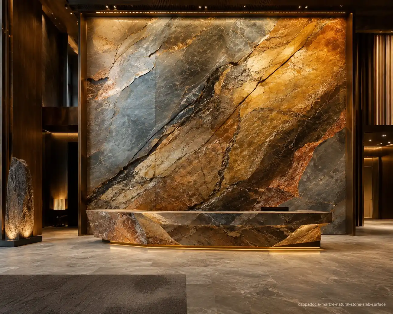 Dramatic rust vein pattern on a lobby feature wall and reception desk with blue-grey, ochre, copper and charcoal strata.