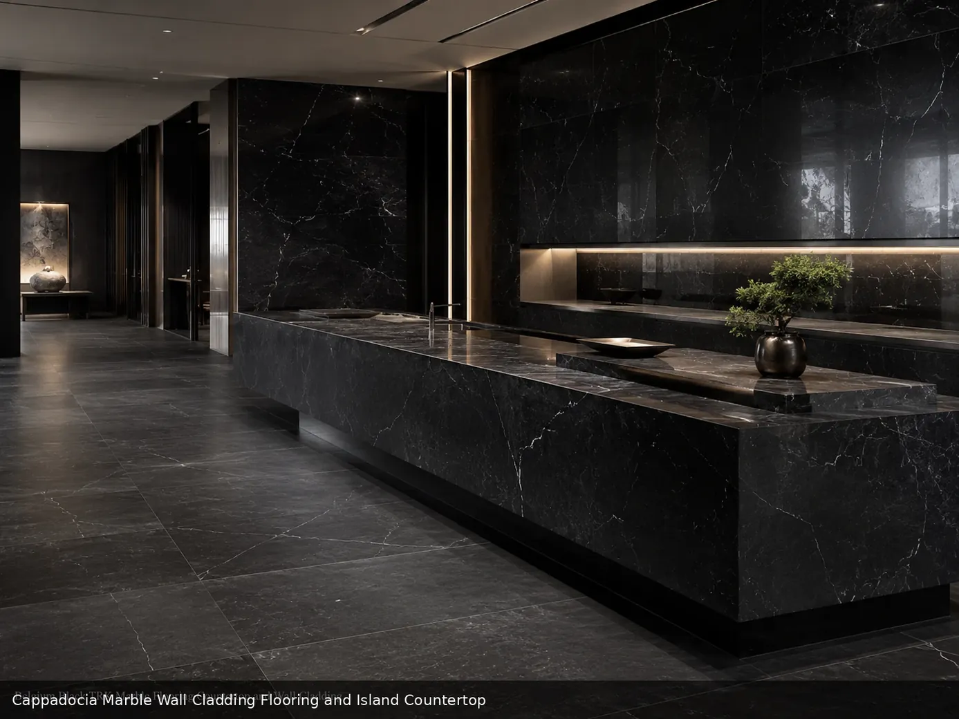 organic high movement texture across wall cladding, floor and island countertop, with natural veining in a refined interior.