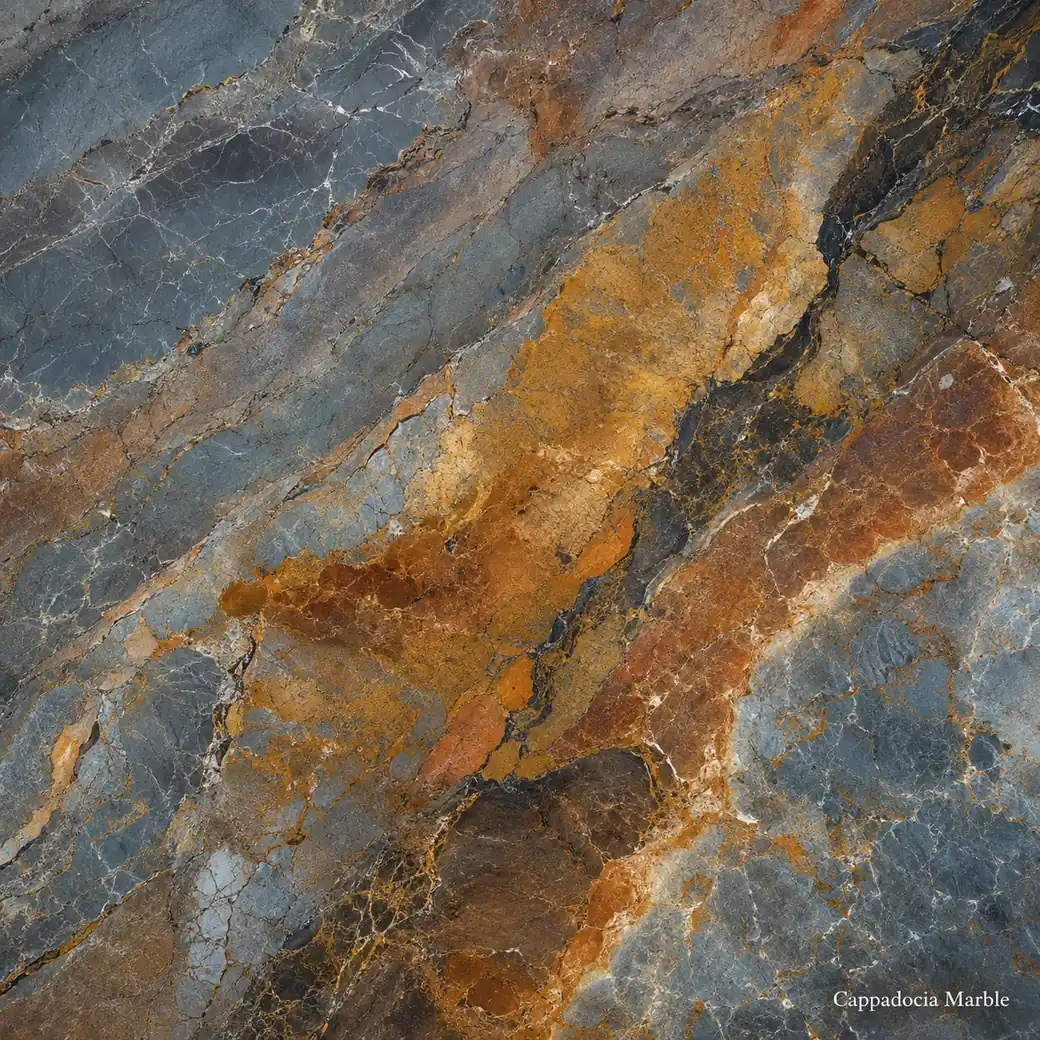 Cappadocia Marble with volcanic landscape inspired stone, blue-grey strata, ochre fields, rust accents and polished depth.
