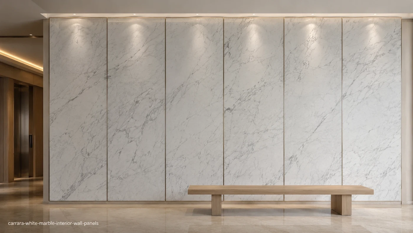 Carrara White Marble interior wall panels with pearl-white stone and fine smoky-grey veining.