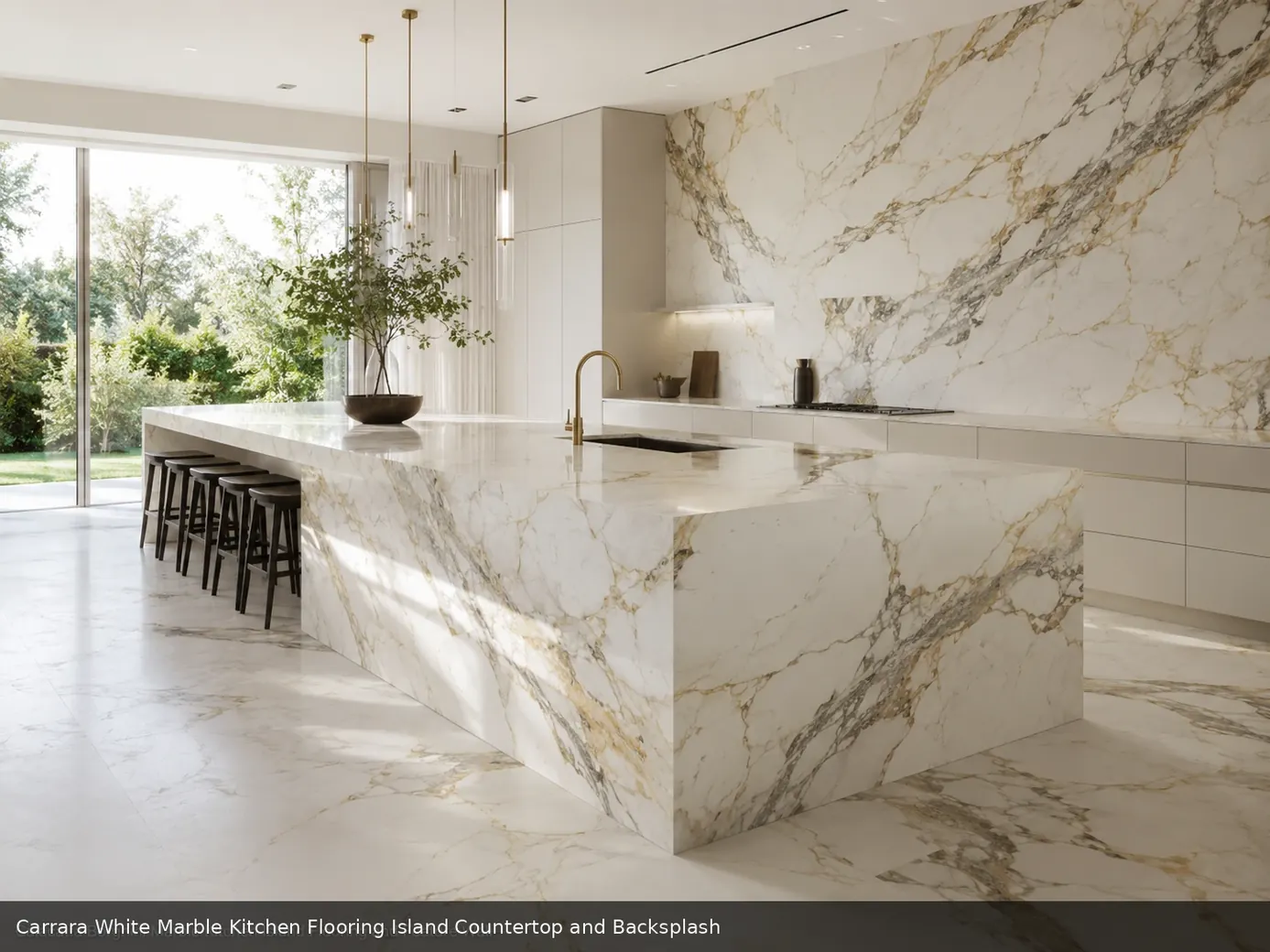 graceful natural vein texture across floor, island countertop and backsplash, with natural veining in a refined interior.