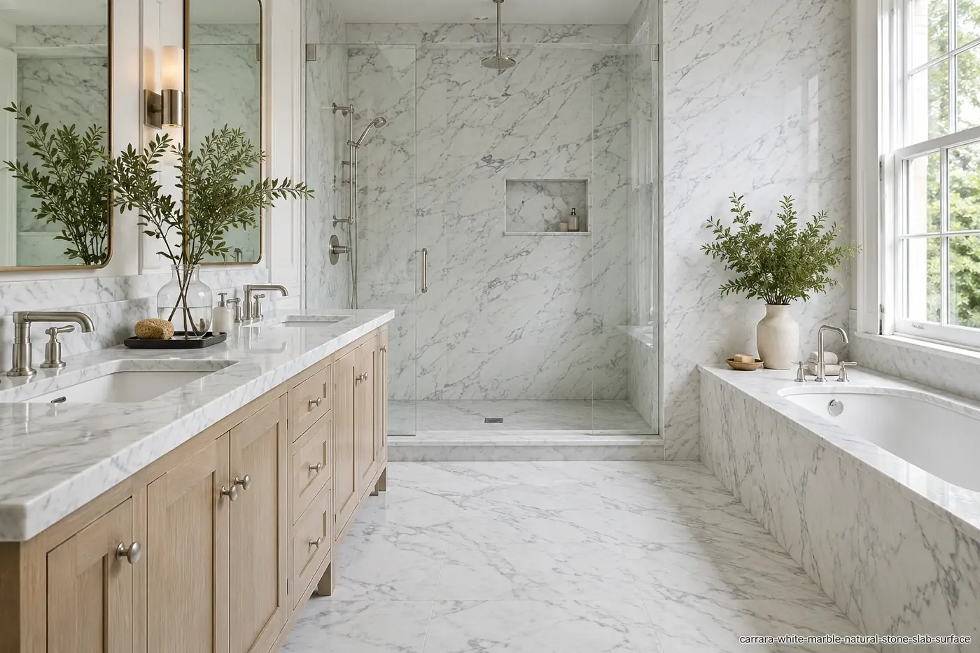 Timeless Italian architectural slab across a bathroom vanity, shower walls, tub surround and floor with smoky grey veining.