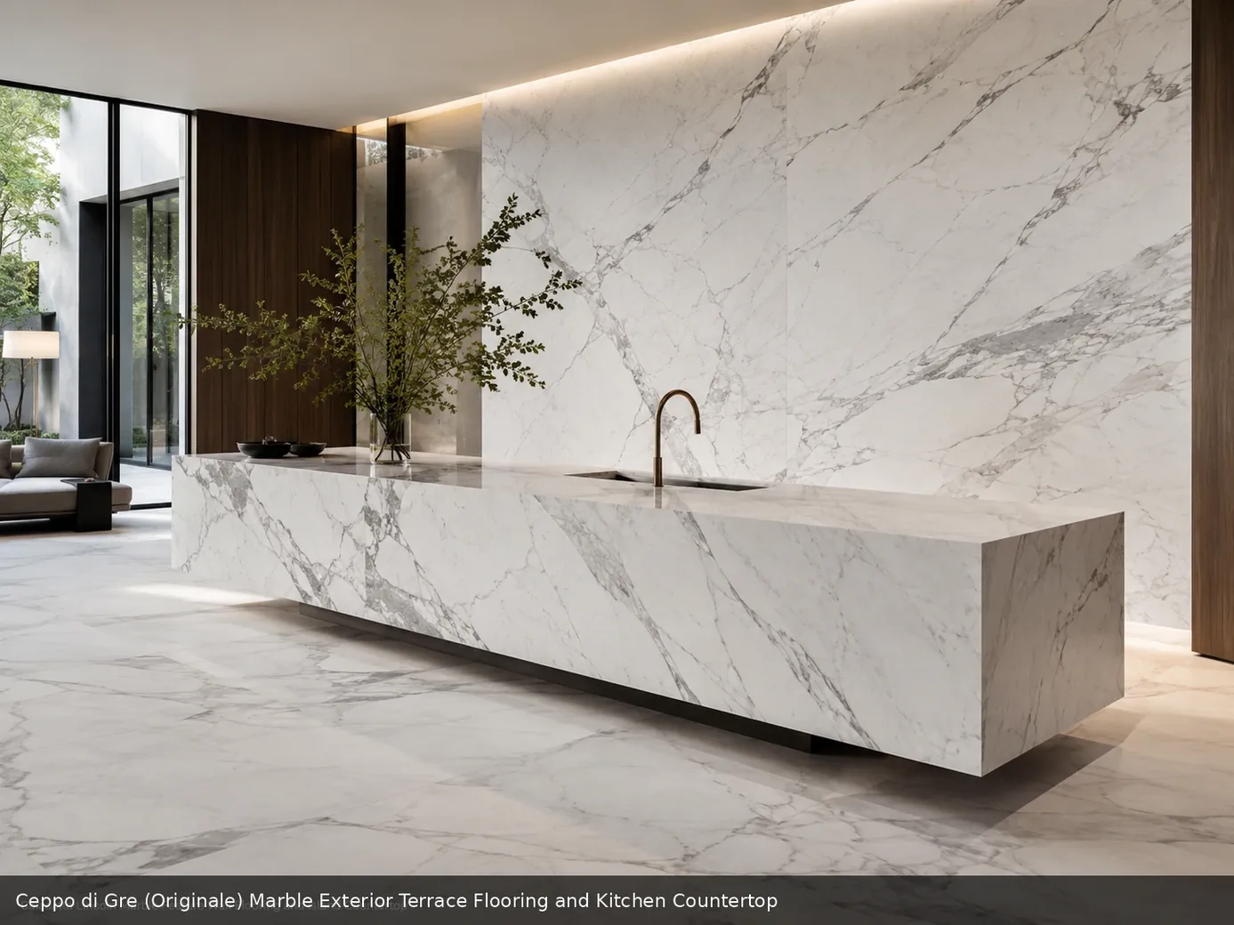 distinctive aggregate pattern across terrace floor and kitchen countertop, with natural slab movement and soft daylight.