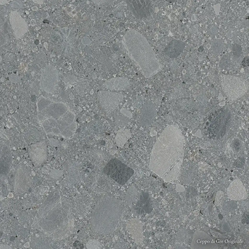 Ceppo di Gre Originale Marble with grey aggregate architectural stone, varied clasts, fine pores and a honed mineral finish.