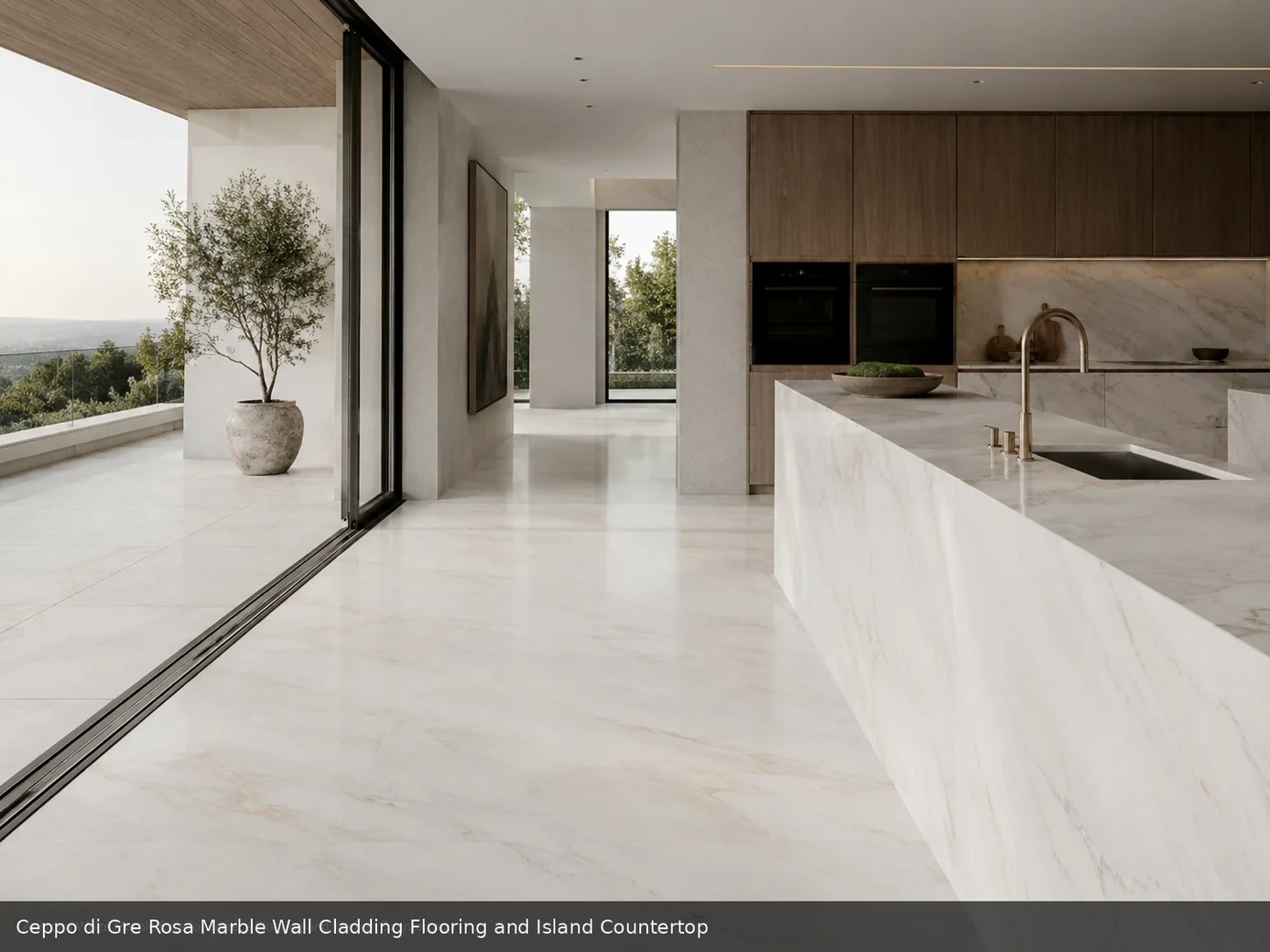 premium contemporary cladding across wall cladding, floor and island countertop, with natural veining in a refined interior.