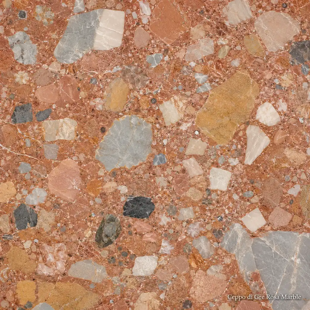 Ceppo di Gre Rosa Marble with rose aggregate architectural stone, coral matrix, colourful clasts and polished mineral depth.