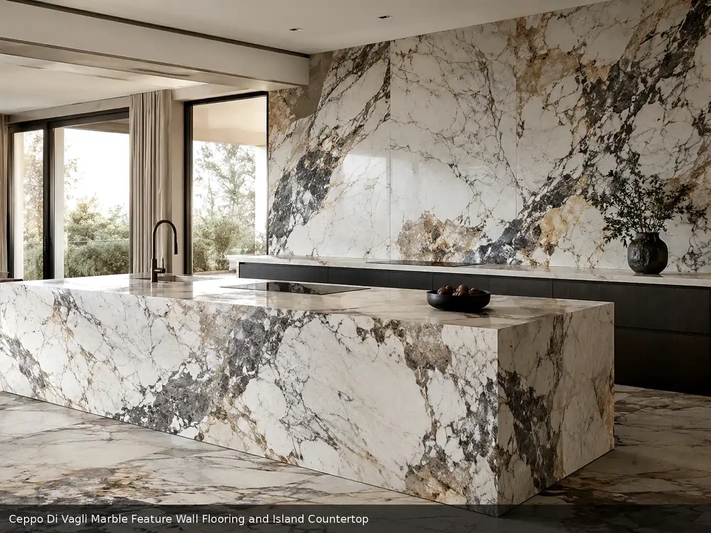 expressive brown decorative stone across feature wall, floor and island countertop, with realistic veining and soft daylight.