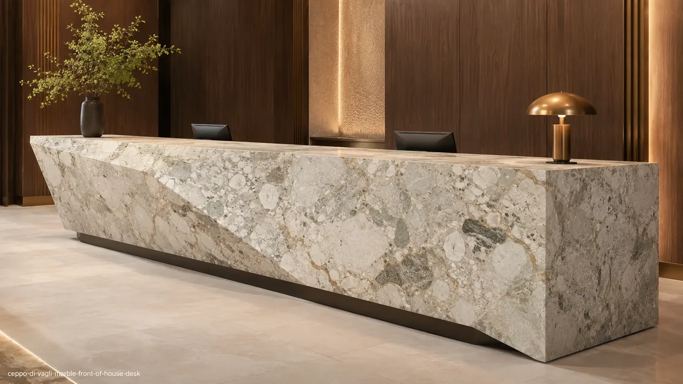 Ceppo Di Vagli Marble front-of-house desk with creamy stone, grey-green inclusions and muted-gold traces.