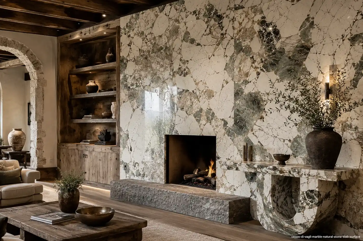 Rustic Italian feature slab on living room fireplace wall, hearth and console with ivory, grey-green and muted-gold breccia.