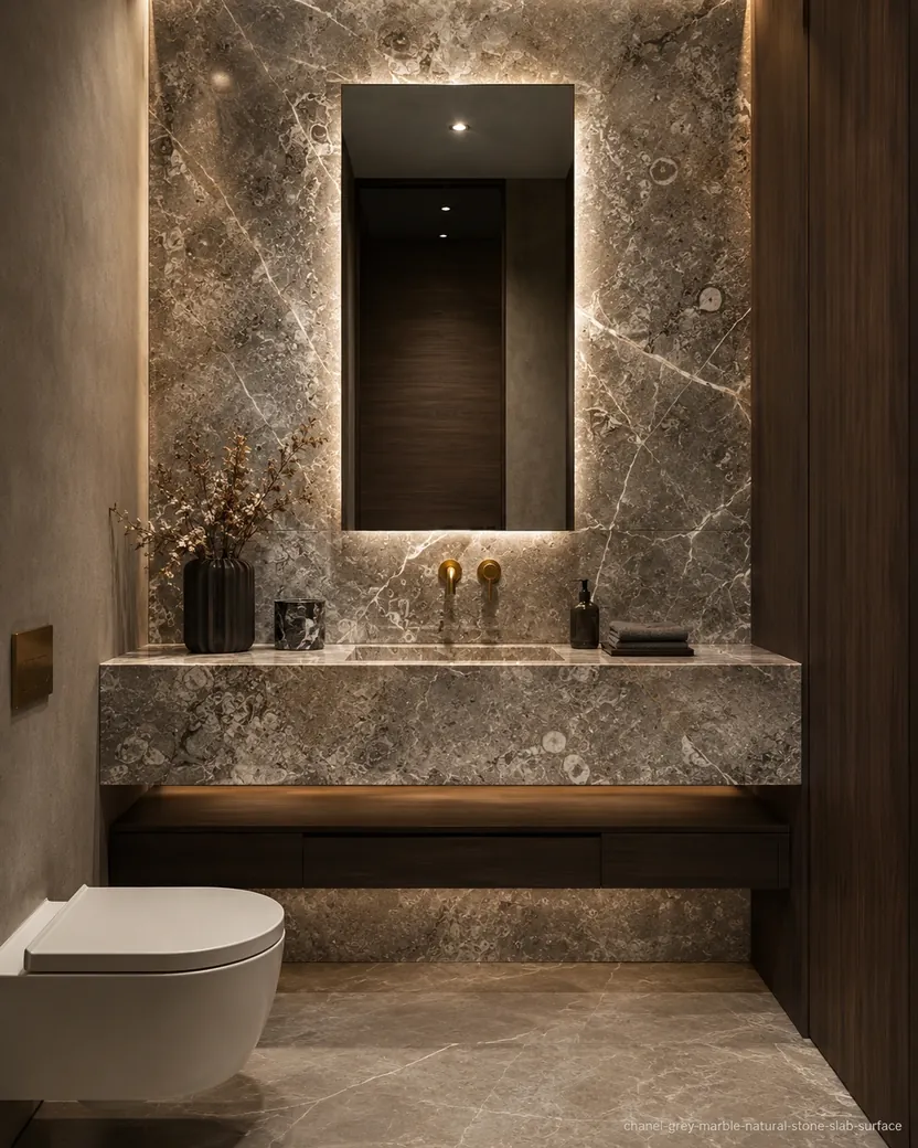 Elegant white vein texture on a powder room vanity wall, countertop and floor panels with taupe fossils and gold details.