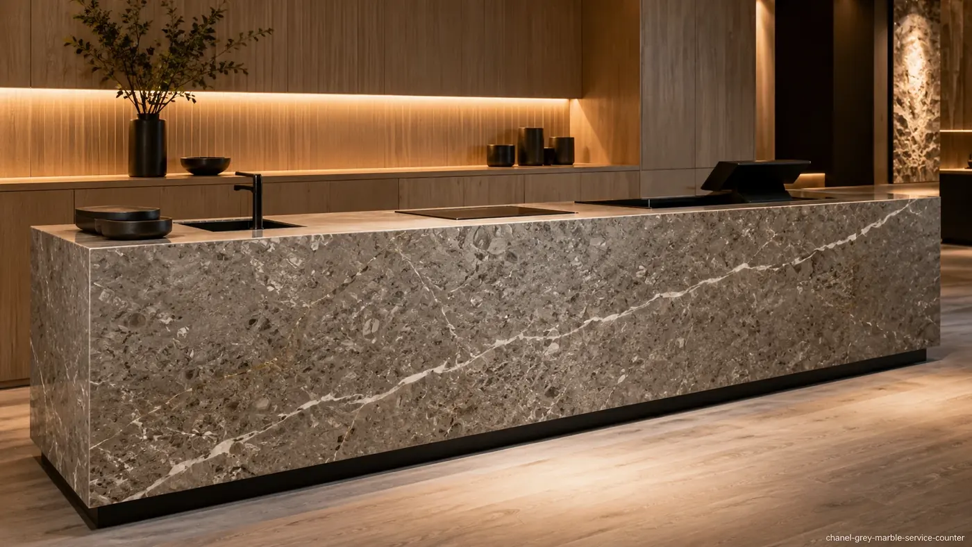 Chanel Grey Marble service counter with mushroom-grey stone, fossil texture and crisp white calcite veins.
