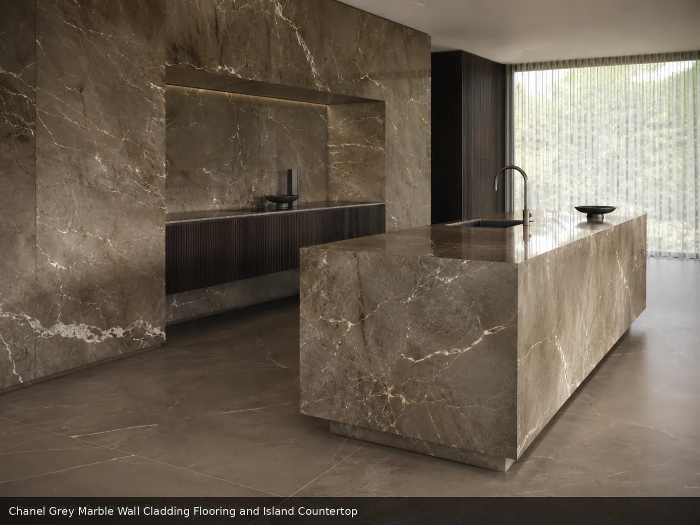 soft smoky mineral movement across wall cladding, floor and island countertop, with natural veining in a refined interior.