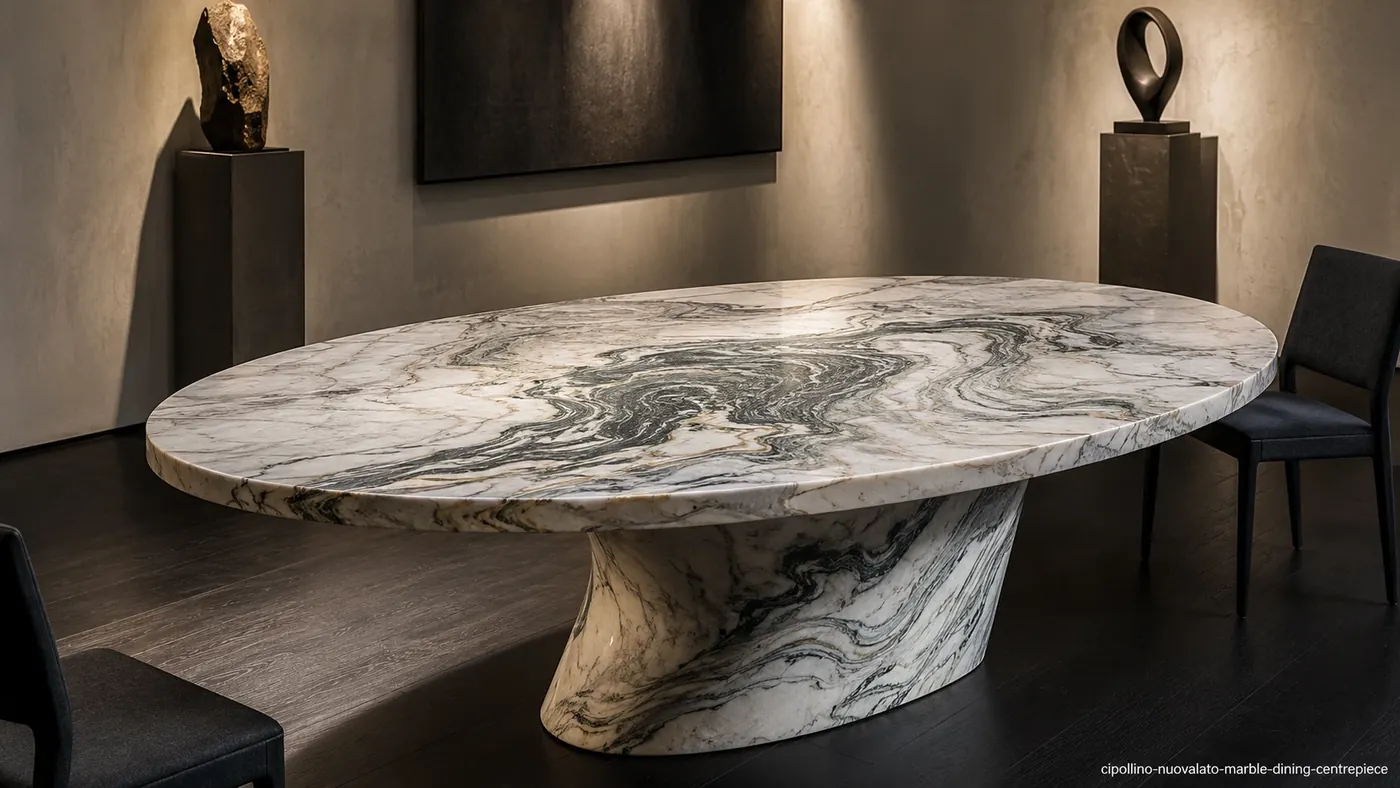 Cipollino Nuovalato Marble dining centrepiece with creamy stone, swirling green-grey and black waves.