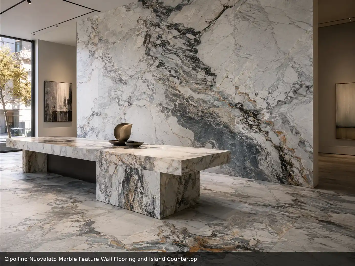 premium bookmatched cladding across feature wall, floor and island countertop, with natural veining in a refined interior.
