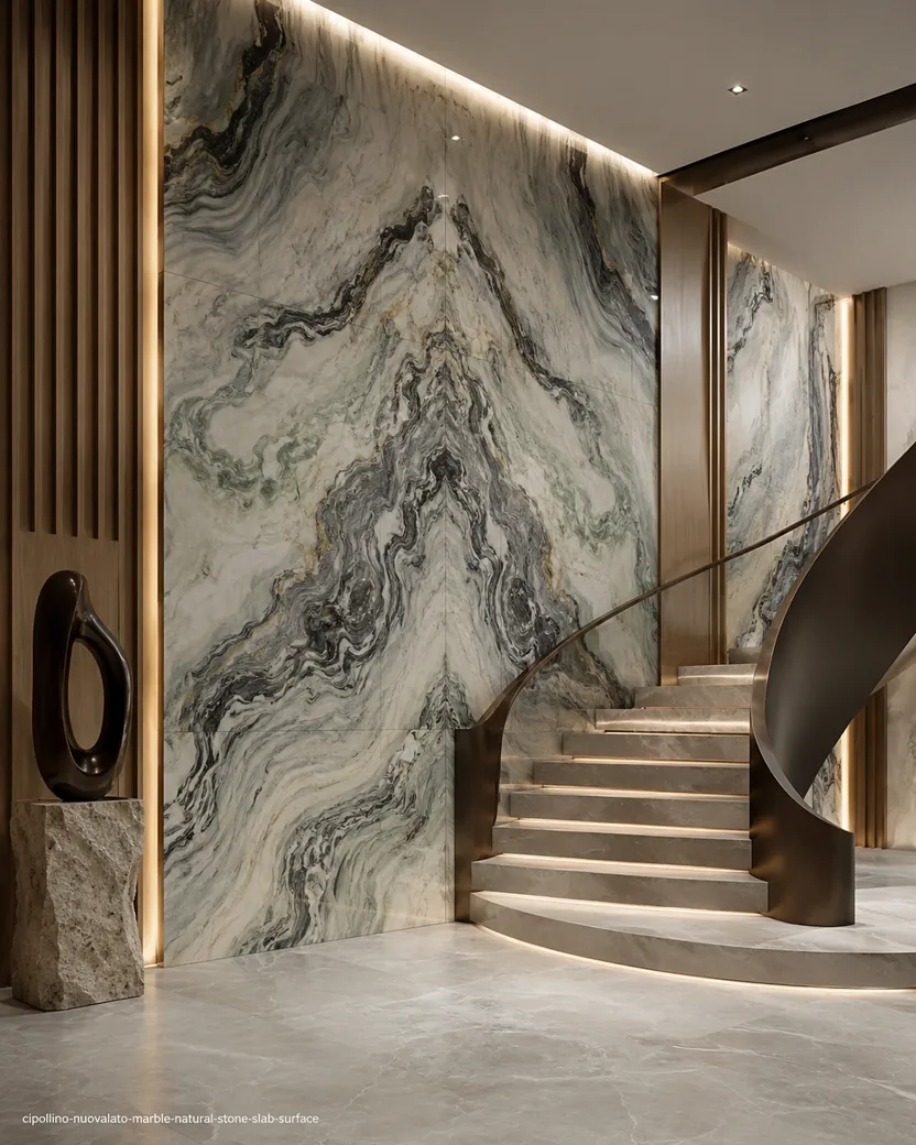 Soft wave mineral movement on an entrance hall wall and staircase with cream, green-grey, graphite and muted-gold layers.