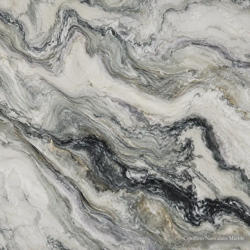 Cipollino Nuovalato Marble with cloudy layered green stone, graphite waves, pale folds and richly polished mineral depth.