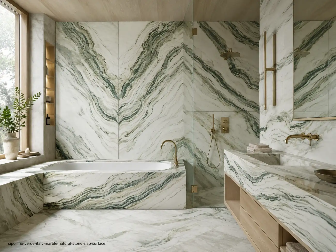 Classic ancient architectural material in a bathroom shower wall, vanity, bathtub surround and floor with green ribbon veins.