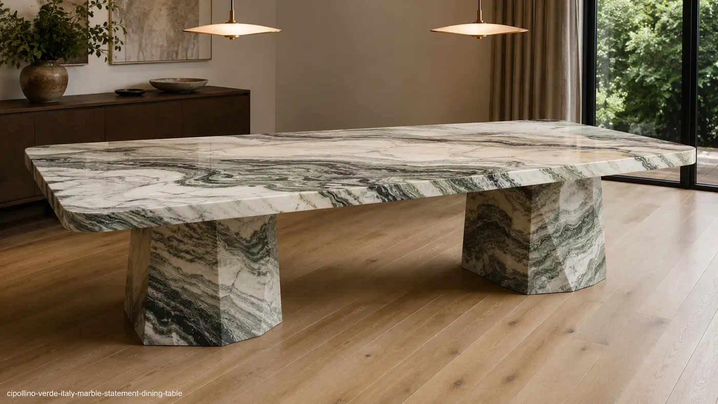 Cipollino Verde Italy Marble statement dining table with pale stone and long forest-green ribbon-like veins.
