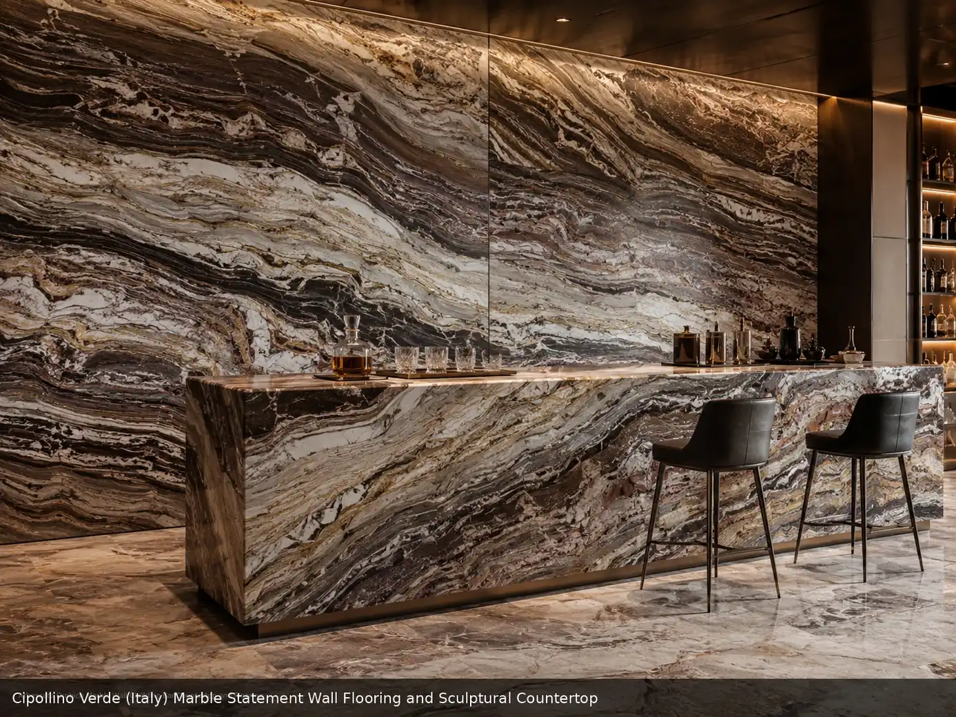 premium historical cladding across statement wall, floor and sculptural countertop, with realistic veining and soft daylight.