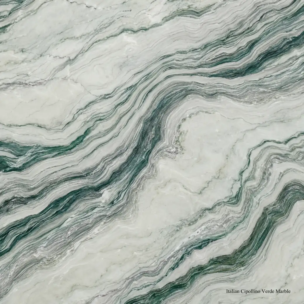 Cipollino Verde Italy Marble with layered green wave stone, ivory fields, forest ribbons and a luminous polished finish.