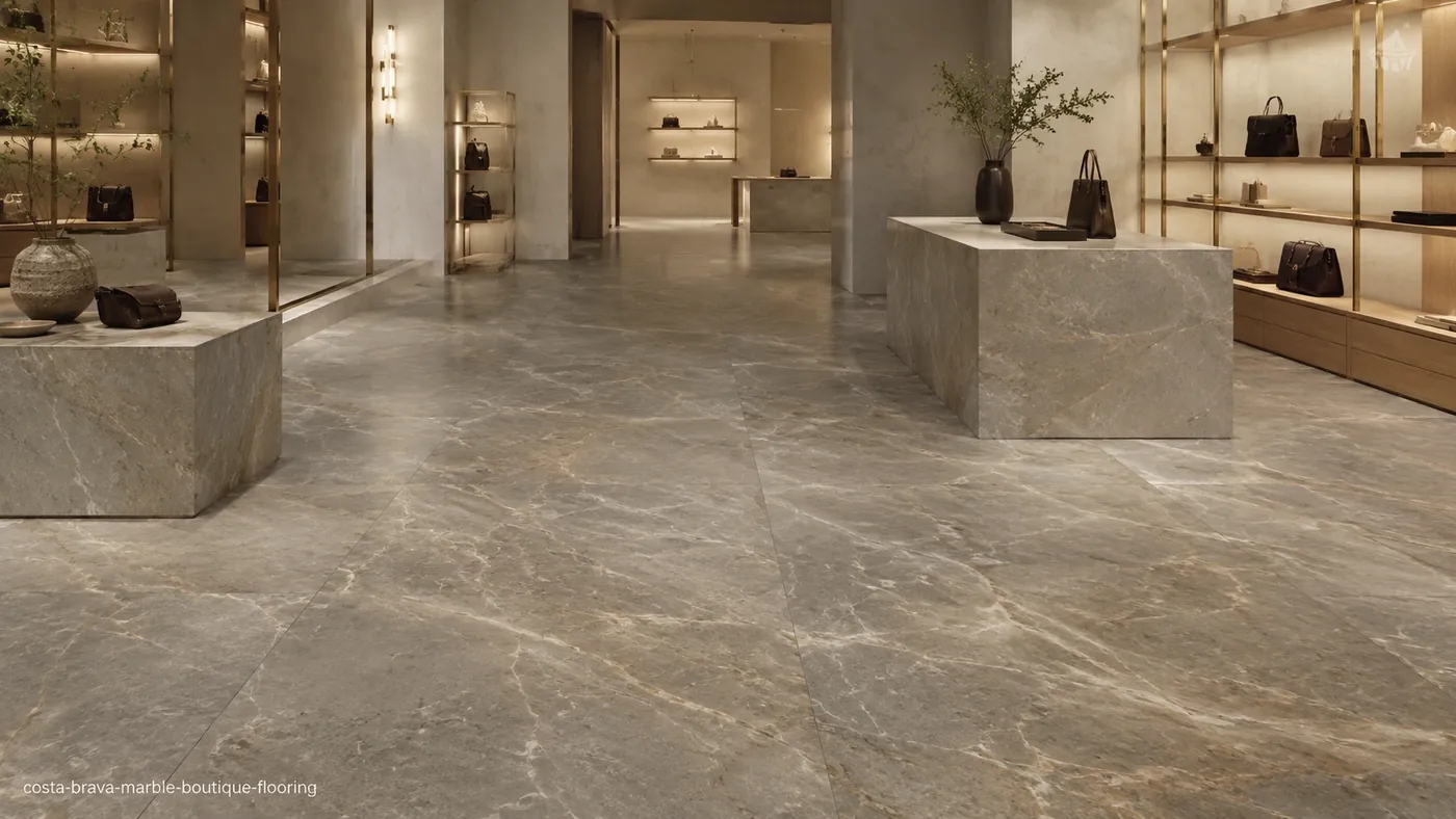 Costa Brava Marble boutique flooring with honed greige slabs, warm beige undertones and flowing grey veins.