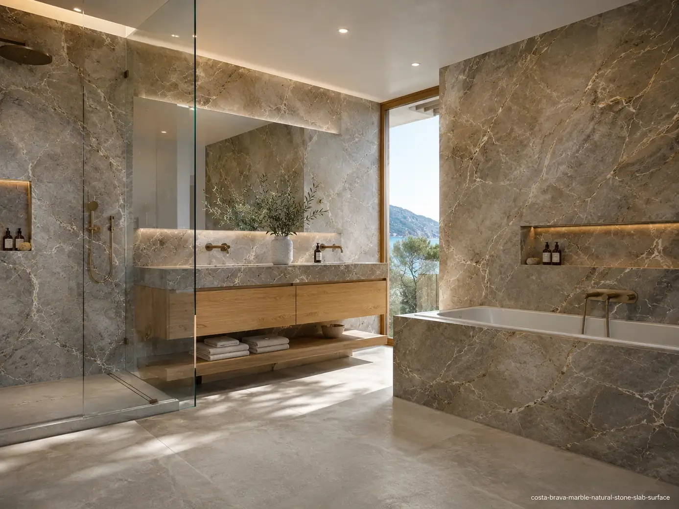 Refined Mediterranean slab across bathroom shower walls, vanity, tub surround and floor with smoky greige and cream ribbons.