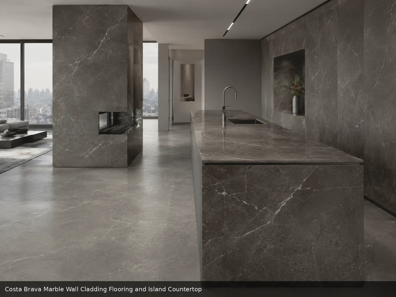 sophisticated shoreline texture across wall cladding, floor and island countertop, with realistic veining and soft daylight.