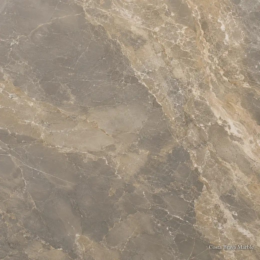 Costa Brava Marble with coastal inspired feature stone, smoky grey fields, honey-beige ribbons and a rich polished finish.