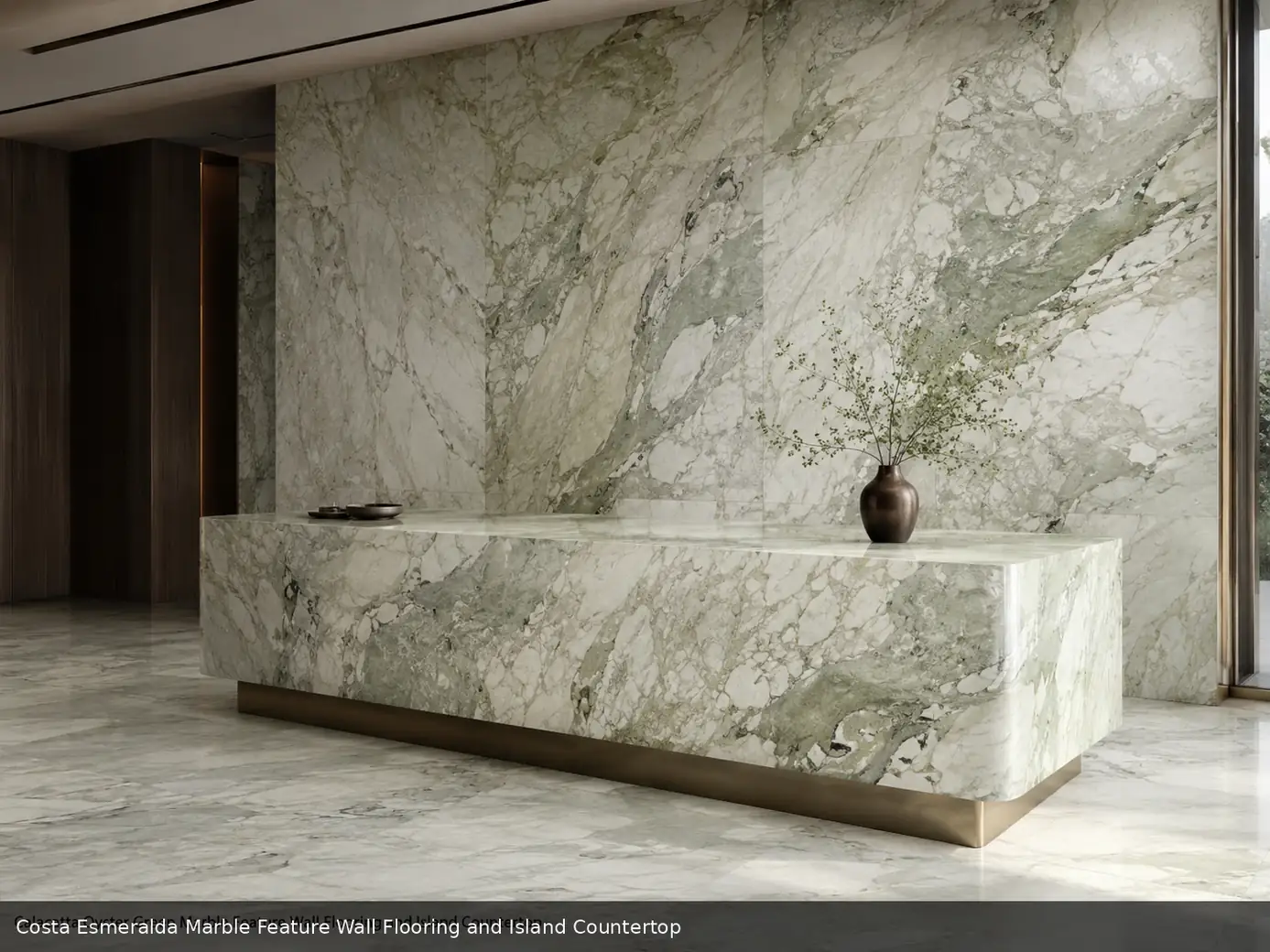 graceful wave movement across feature wall, flooring and island countertop, with natural movement in a refined interior.