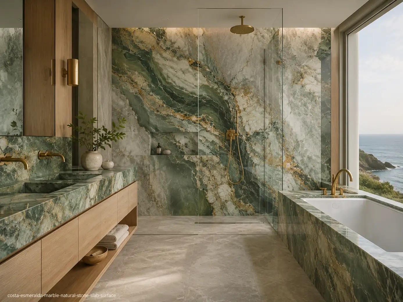 Elegant coastal natural slab on a wellness shower wall, vanity and bathtub surround with emerald, sage and golden movement.