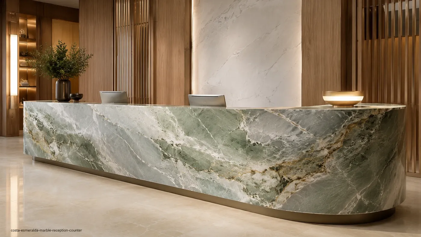 Costa Esmeralda Marble reception counter with emerald, sage and sea-grey stone and subtle golden movement.
